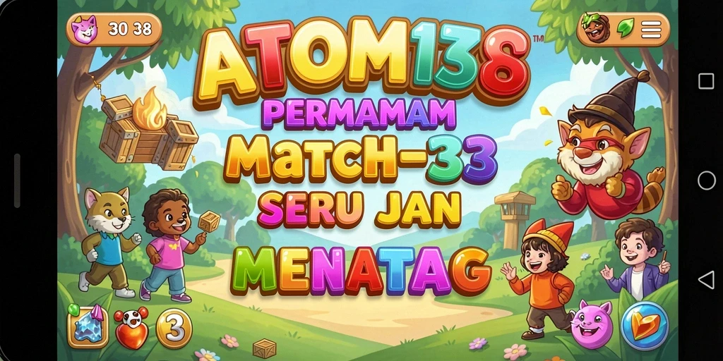 Tampilan gameplay ATOM138 dengan objek warna-warni yang sedang dicocokkan.