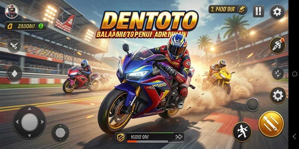 Tampilan gameplay DENTOTO yang menegangkan saat balapan motor.