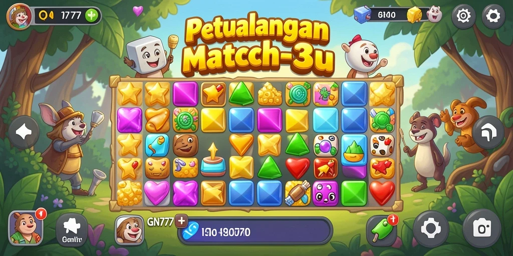 Tampilan gameplay GN777 yang penuh warna dalam permainan Match-3.