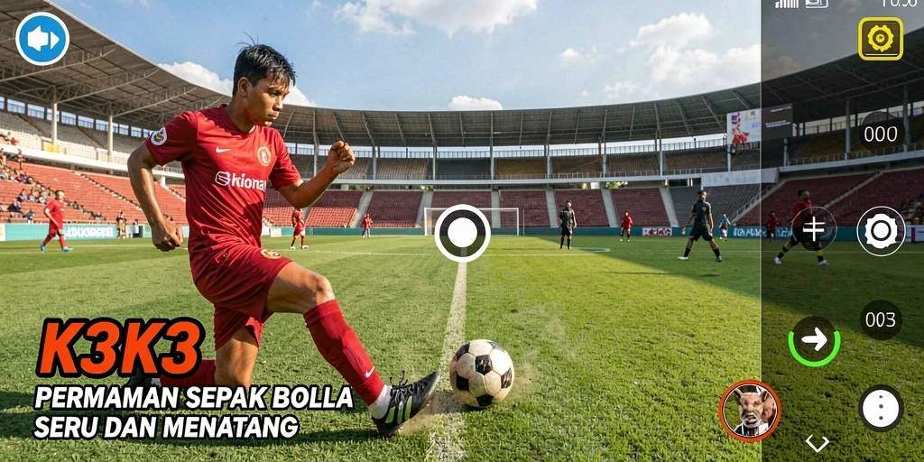 Tangkapan layar permainan K3K3 menampilkan aksi seru di lapangan sepak bola.
