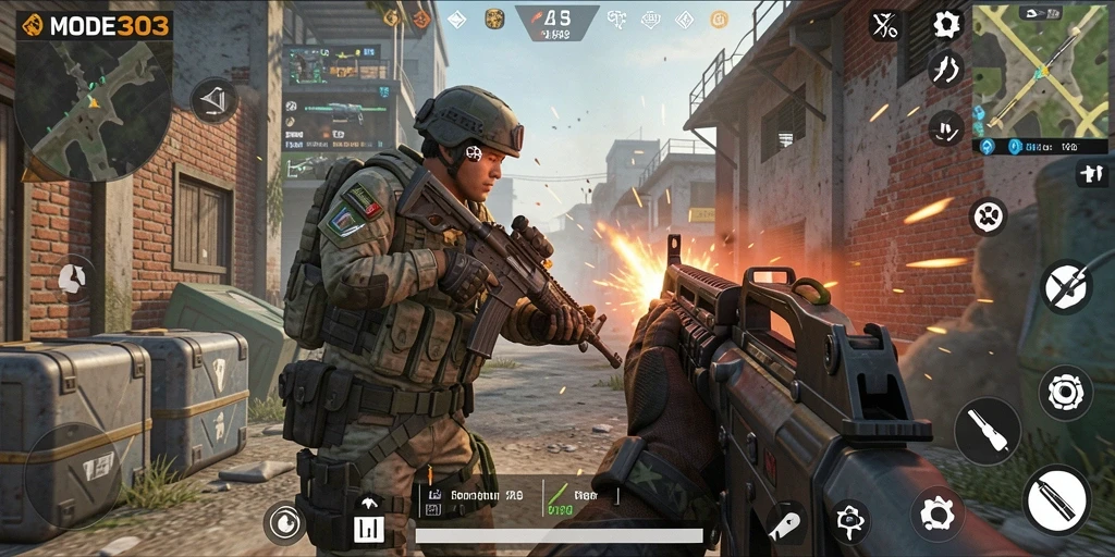 Tangkapan layar dari gameplay MODE303 menunjukkan aksi mendebarkan di medan perang.