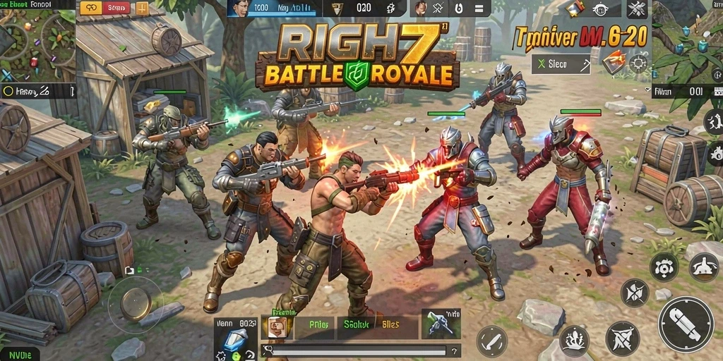 Tangkapan layar utama RICH7 menampilkan aksi seru dalam pertempuran Battle Royale.