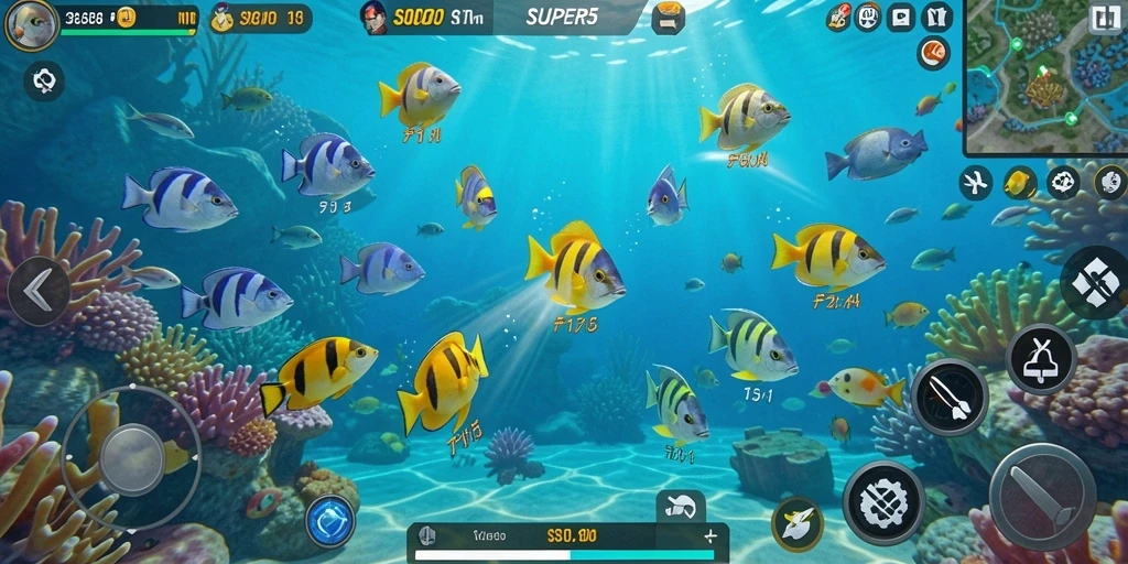 Gameplay SUPER5 yang seru dengan aksi menembak ikan.