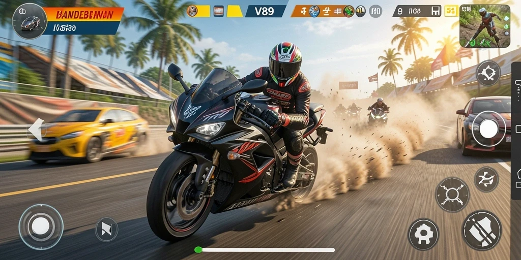 Screenshot gameplay V89 menampilkan aksi balapan motor yang mendebarkan.